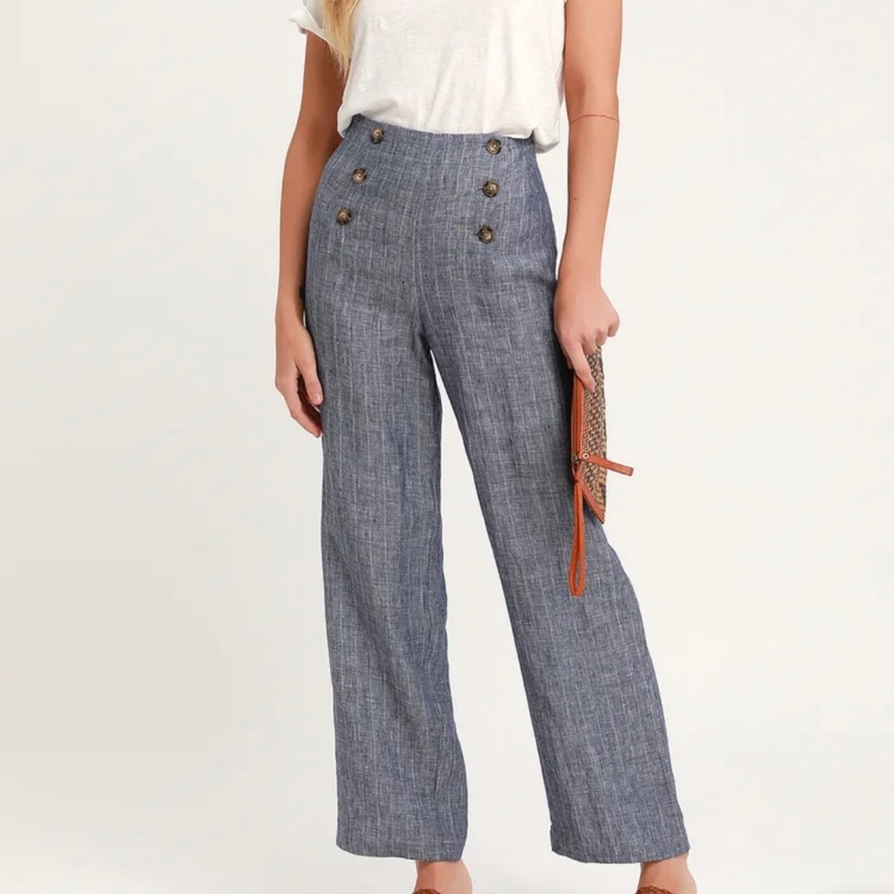 Waldin Dark Blue Chambray Button-Front Pants - S